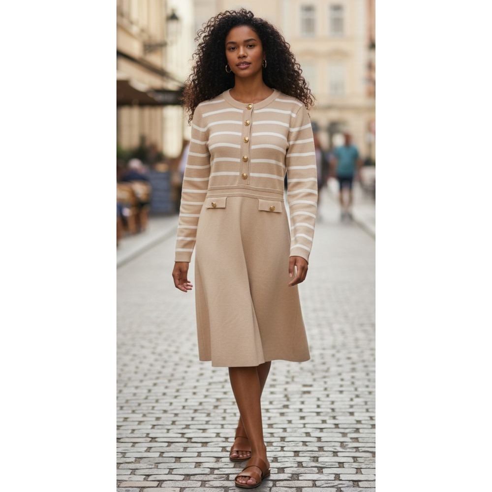 (H-224)MEROKEETY Women's Knit Sweater Dress Beige Striped Button Front Size M‎